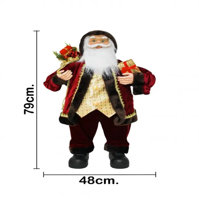Santa con traje vino, verde y dorado con costal y caja de regalo de 35x28x80cm - Image 4