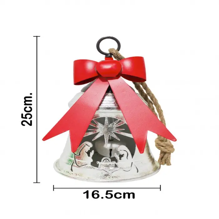 Campana de metal plateado con misterio y moño rojo de 16x16x24cm - Image 3