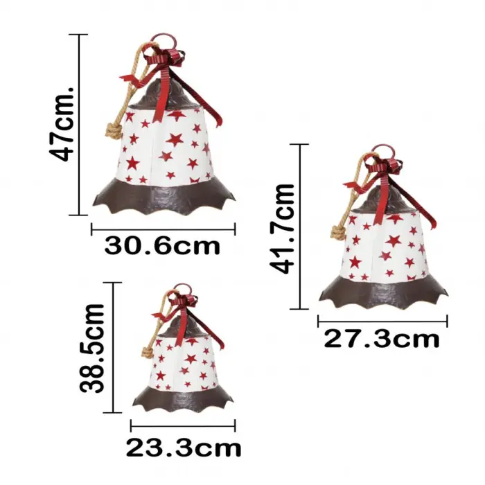 Juego de 3 campanas de metal blanco con moño y estrellas rojas de  31x31x47cm - Image 4