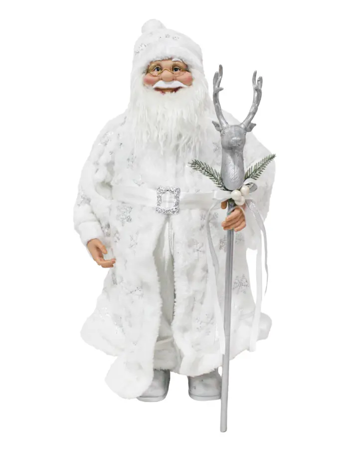 Santa con Abrigo Blanco con Plateado y Bastón de Venado