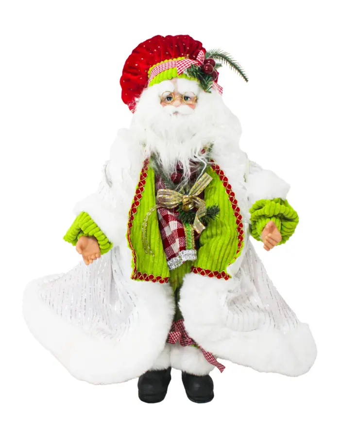 Santa Claus con Abrigo Blanco con Verde Limón y Gorro Rojo