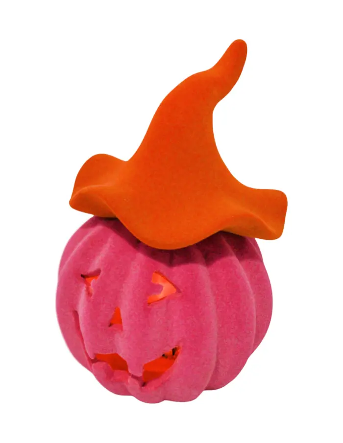 Calabaza floqueda rosa de poliresina con luz led de 12.7x12.3x19.5cm - Image 2