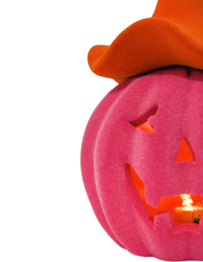 Calabaza floqueda rosa de poliresina con luz led de 12.7x12.3x19.5cm - Image 3