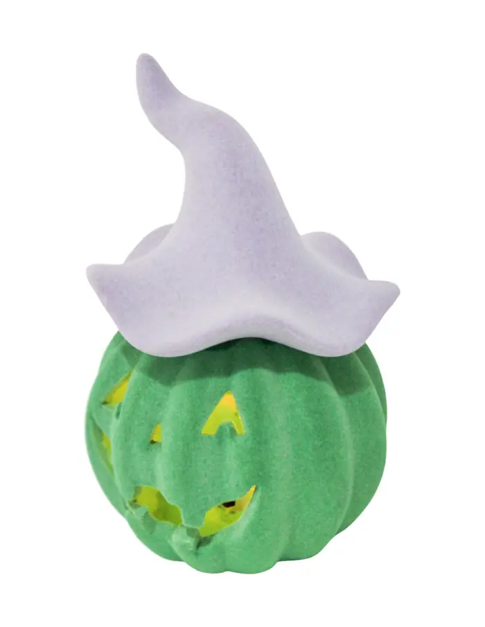 Calabaza floqueada verde de poliresina con luz led de 12.5x12.5x19.5cm - Image 2
