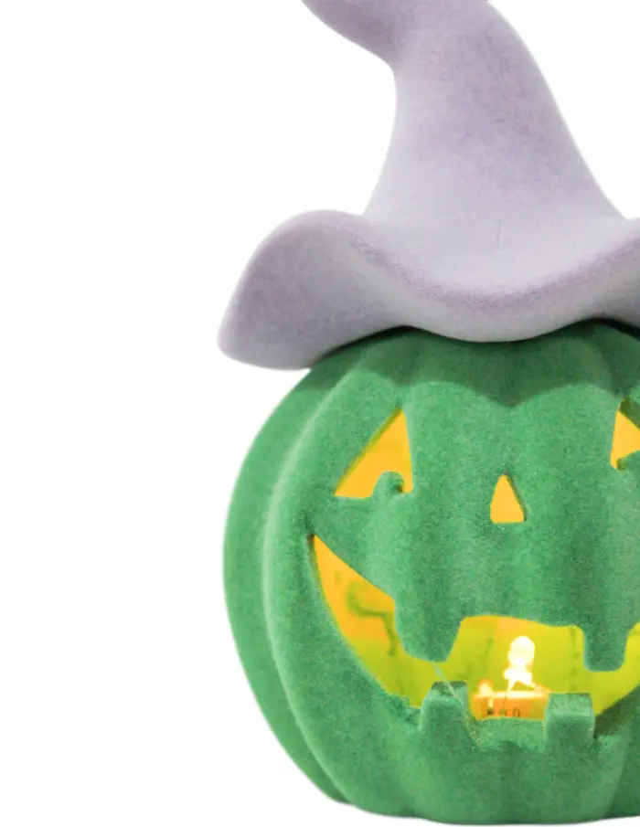 Calabaza floqueada verde de poliresina con luz led de 12.5x12.5x19.5cm - Image 3