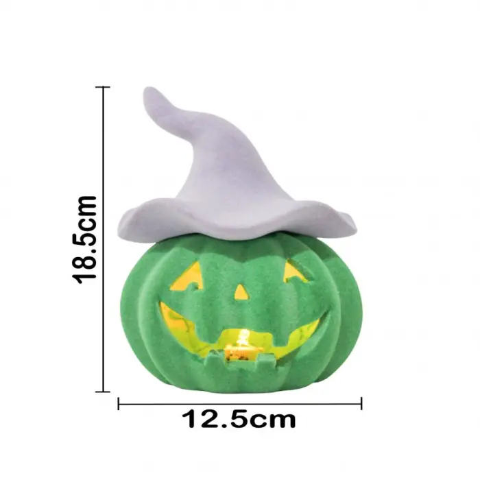 Calabaza floqueada verde de poliresina con luz led de 12.5x12.5x19.5cm - Image 4