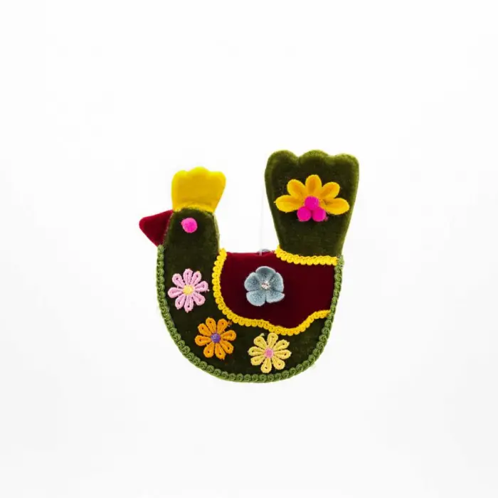 Gallina Decorativa Verde con Flores y Cresta Amarilla
