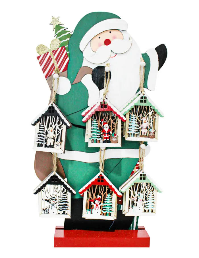Santa Claus de Madera Verde con 12 Casas Colgantes