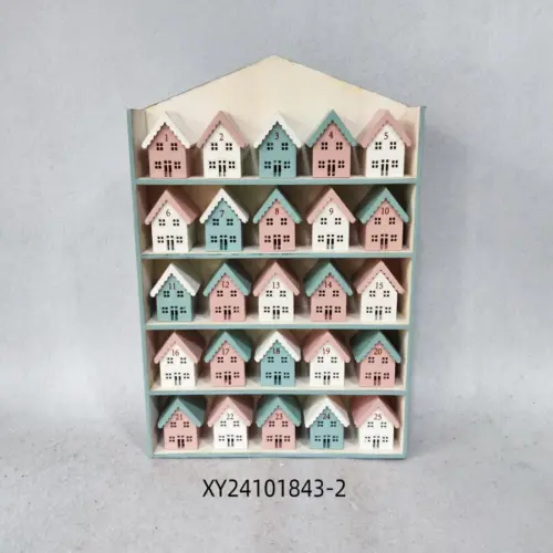 Calendario de Madera Diseño Casas Rosas, Turquesas y Blancas