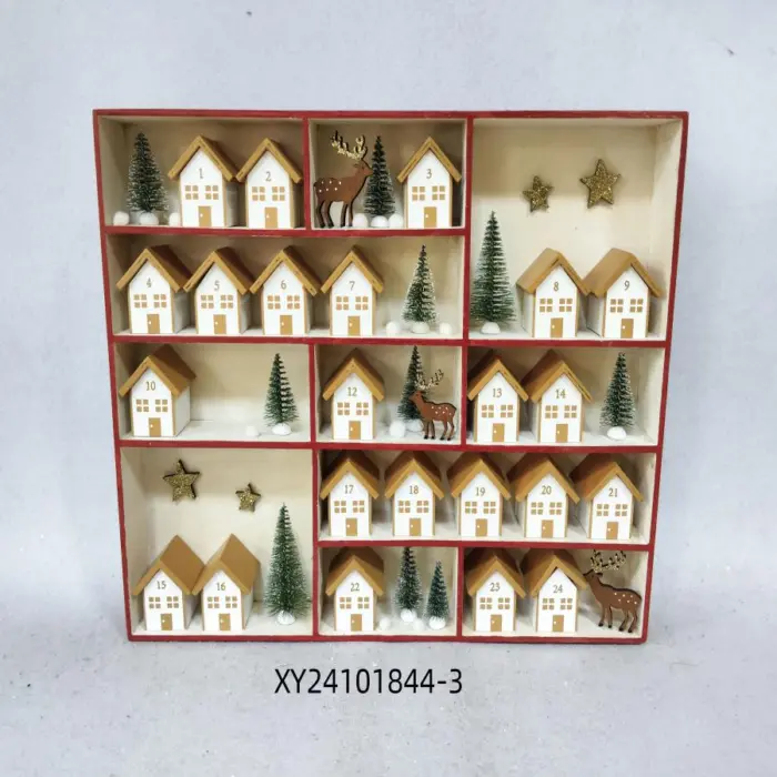 Calendario de Madera Diseño Casas Amarillas con Blanco Pinos y Ciervos