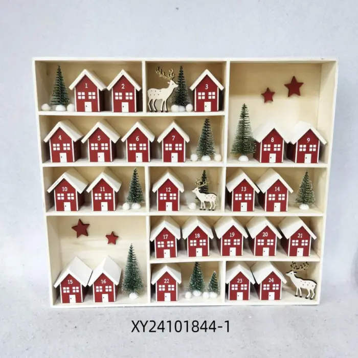 Calendario de Madera Diseño Casas Blancas con Rojo y Ciervos