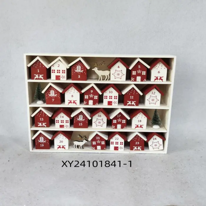 Calendario de Madera Diseño Casas Blancas y Rojas con Ciervos y Pinos