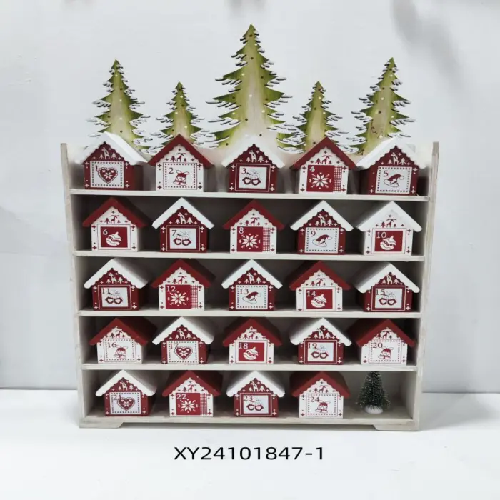 Calendario de Madera Diseño Casas Blancas y Rojas con Pinos Navideños
