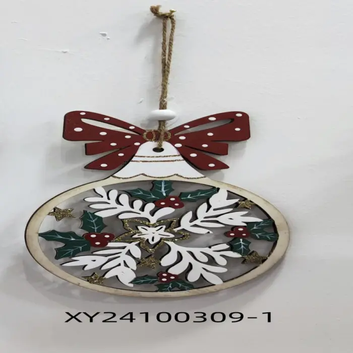Colgante de Madera con Moño Rojo y Muérdago