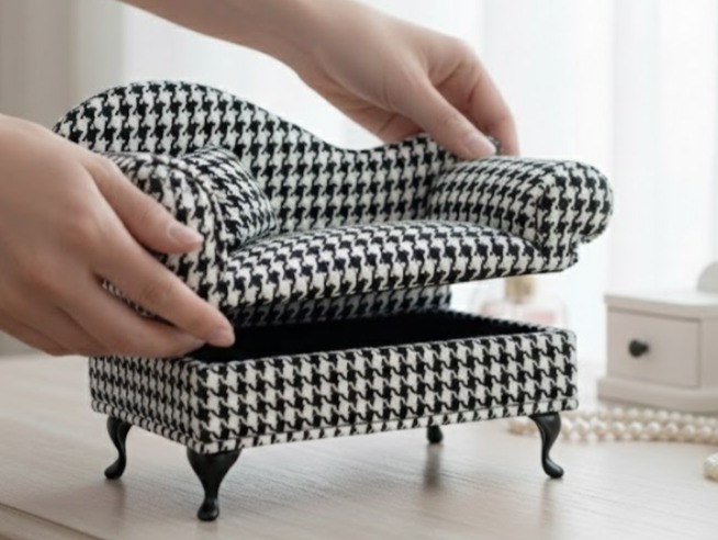Alhajero Diván Houndstooth Luxe con estampado clásico en blanco y negro para organización de joyería fina en Galerías El Triunfo.