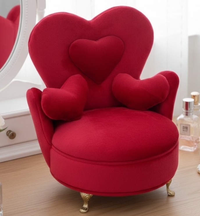 Alhajero Mini Sillón Love Velvet en terciopelo rosa con diseño romántico para organización de joyería fina en Galerías El Triunfo.