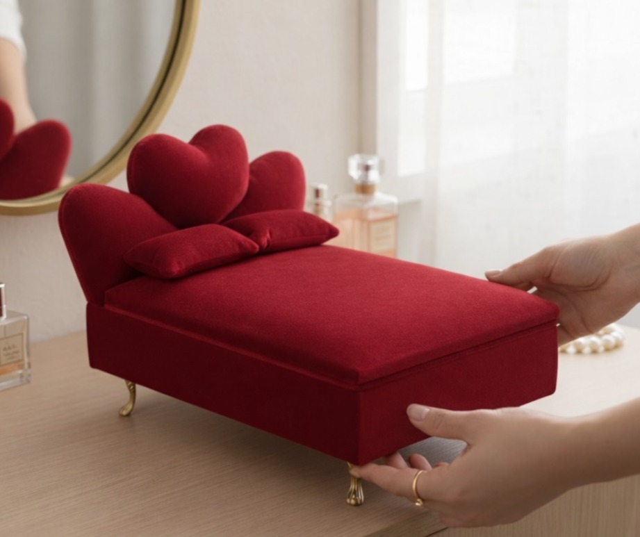 Alhajero Mini Cama Love Velvet en terciopelo rojo con diseño romántico para organización de joyas en Galerías El Triunfo.