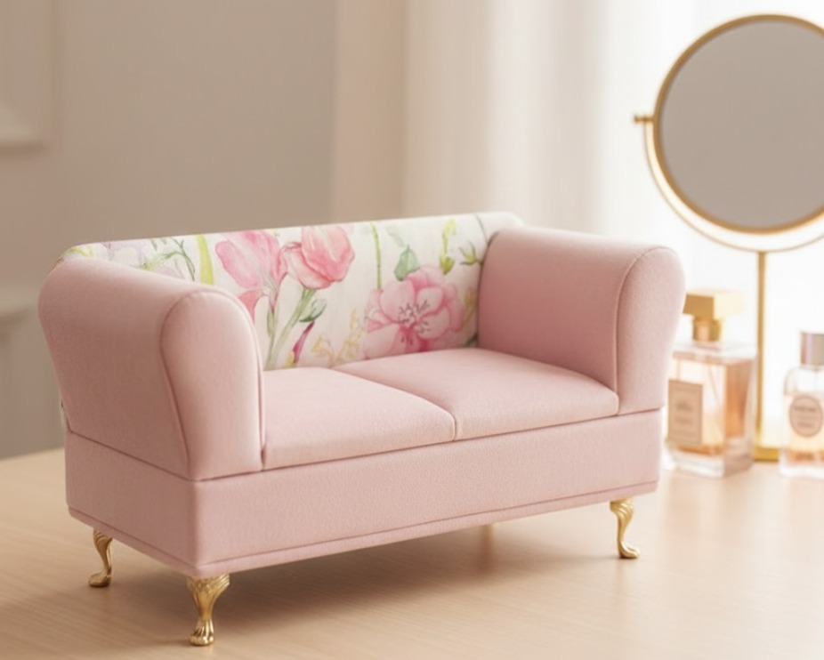 Alhajero Mini Sofá Floral Sweet con estampado de flores romántico para organización de joyería fina en Galerías El Triunfo.