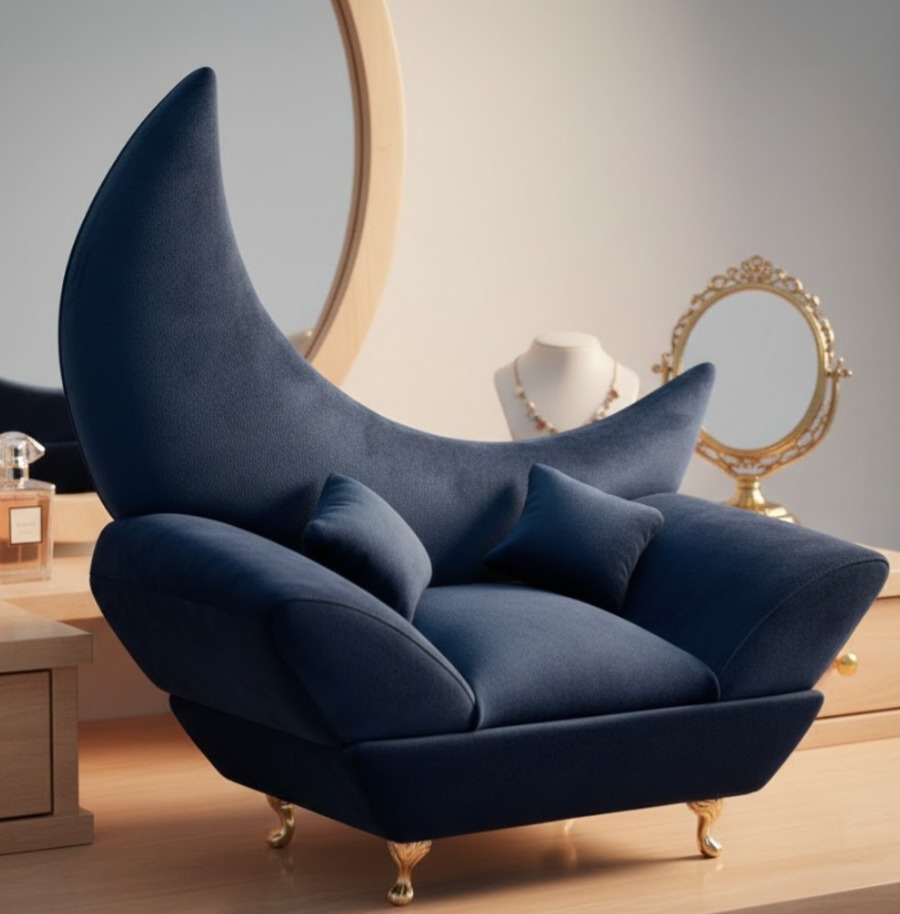 Alhajero decorativo en forma de mini sofá con respaldo de luna creciente, tapizado en terciopelo azul con patas doradas de Galerías el Triunfo.