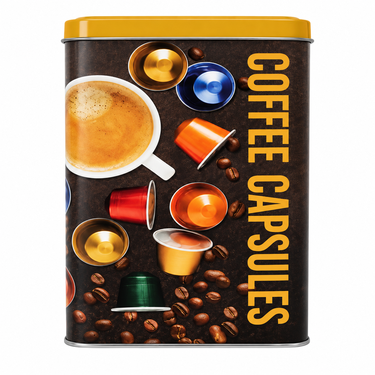 Contenedor de Lámina “Coffee Capsules Gold” – Galerías el Triunfo