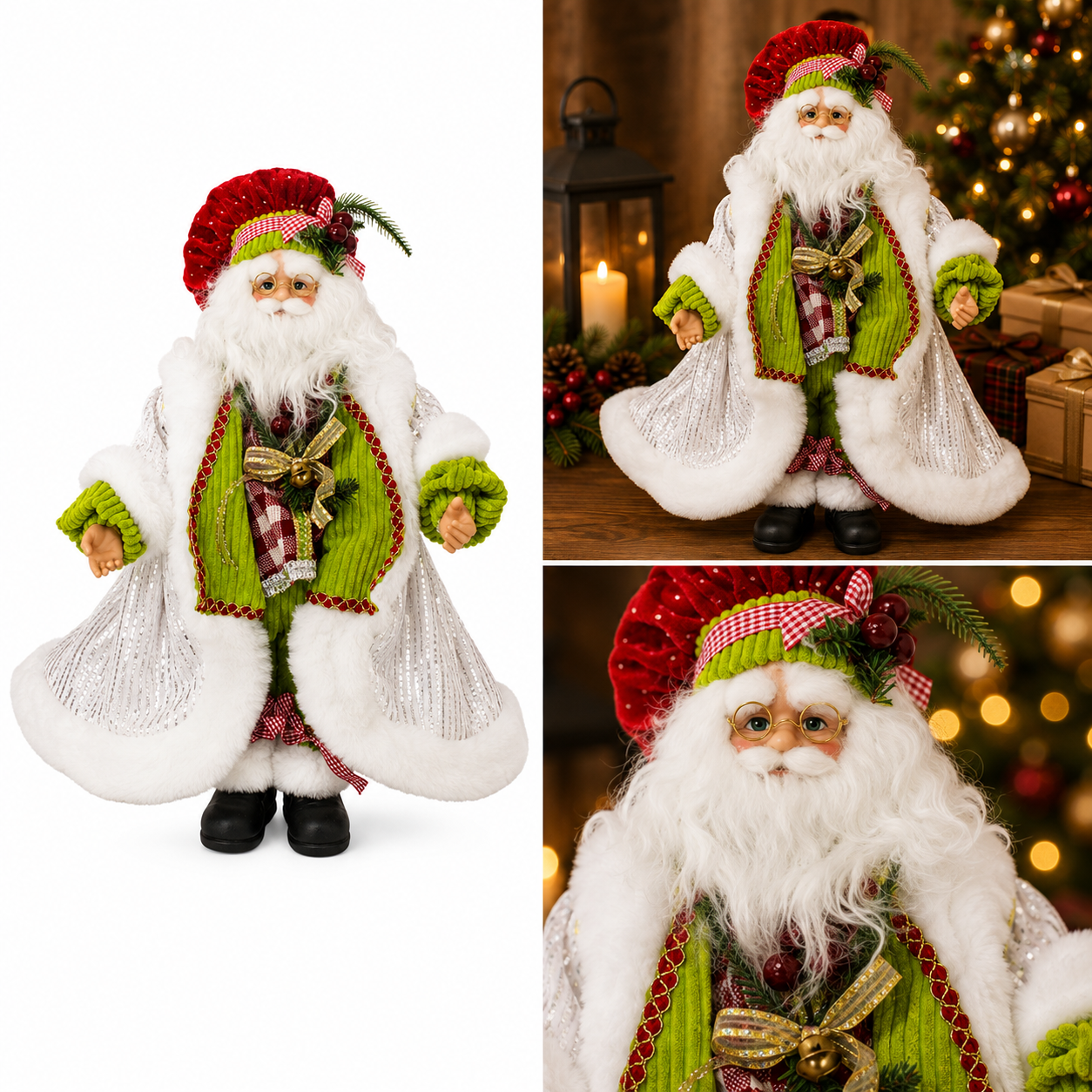 Adorno Navideño, Capa Roja, Colección Navideña, Decoración Navideña, Decoración para Hogar, Figura Navideña, Galerías el Triunfo, Navidad, Papá Noel, Peluche Decorativo, Regalo Navideño, Ribete de Peluche, Santa Claus, Santa con Capa, Santa Decorativo, Santa Tradicional.
