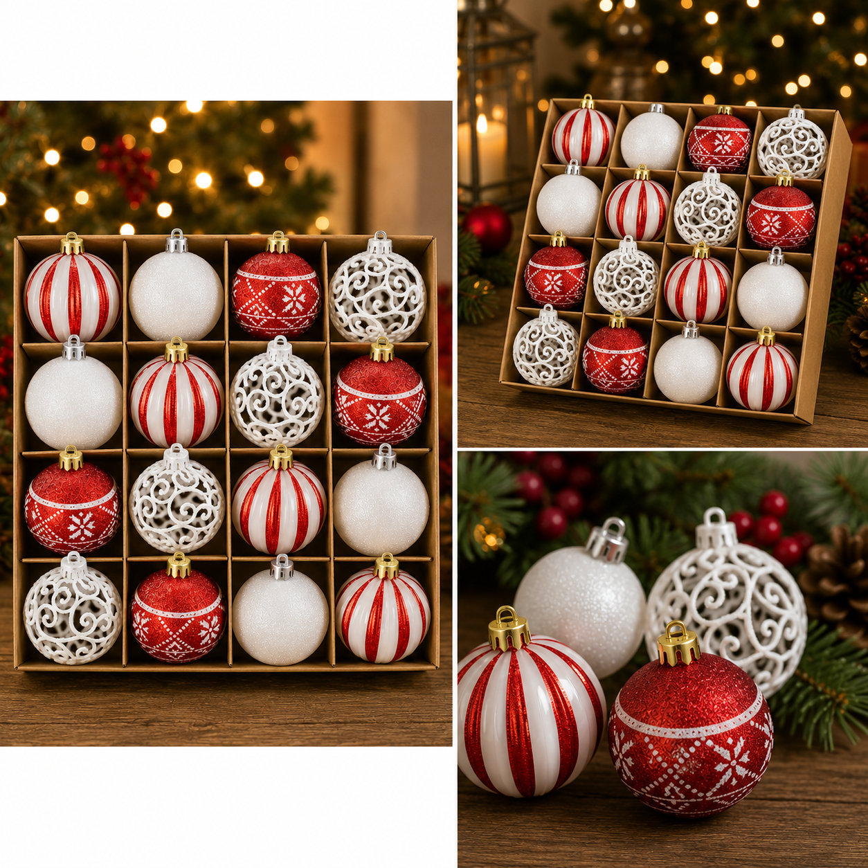 Set de 16 Esferas Navideñas Rojo y Blanco Mixto - Galerías el Triunfo