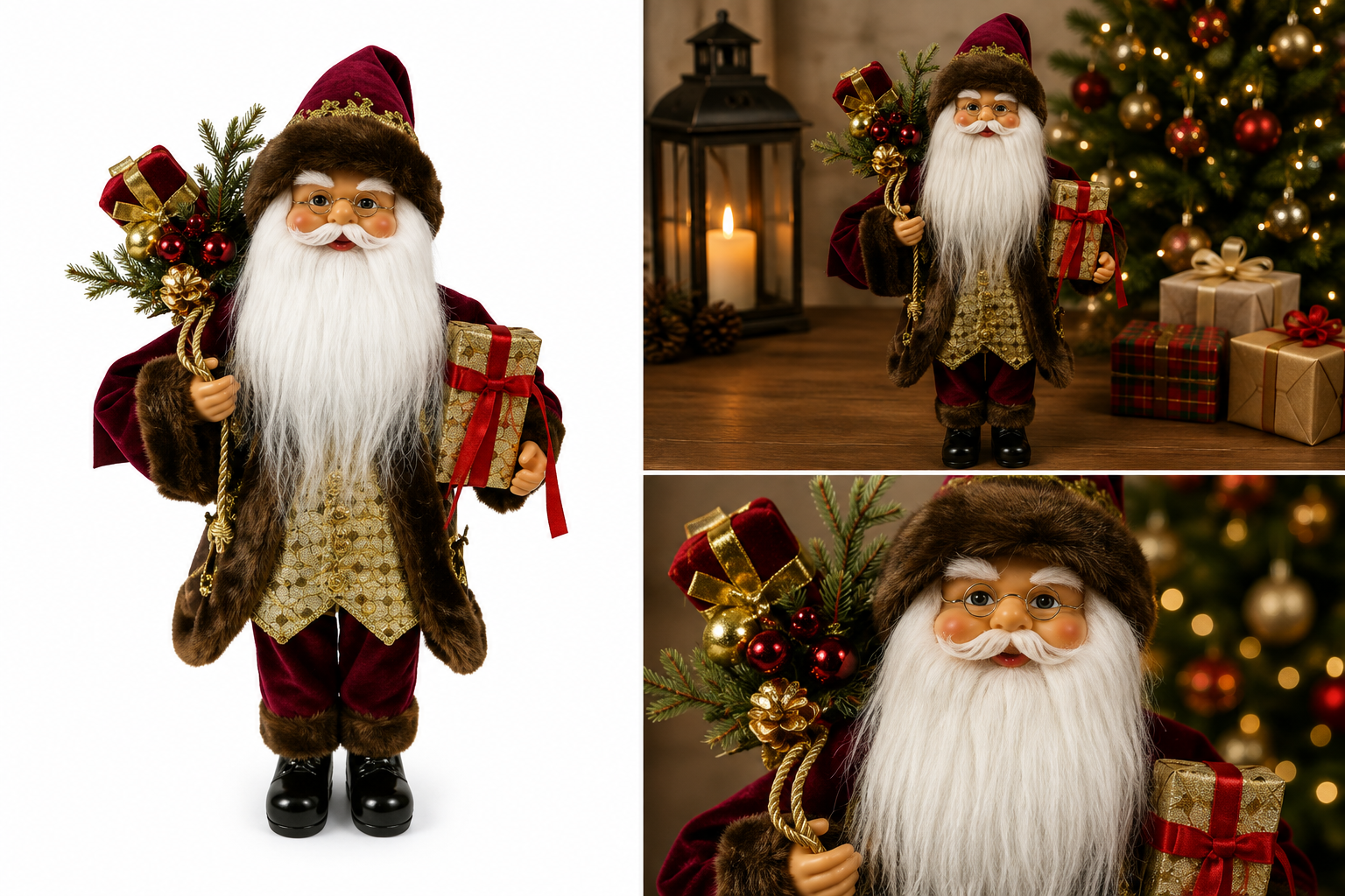 Santa con Traje de Terciopelo y Regalos - Galerías el Triunfo