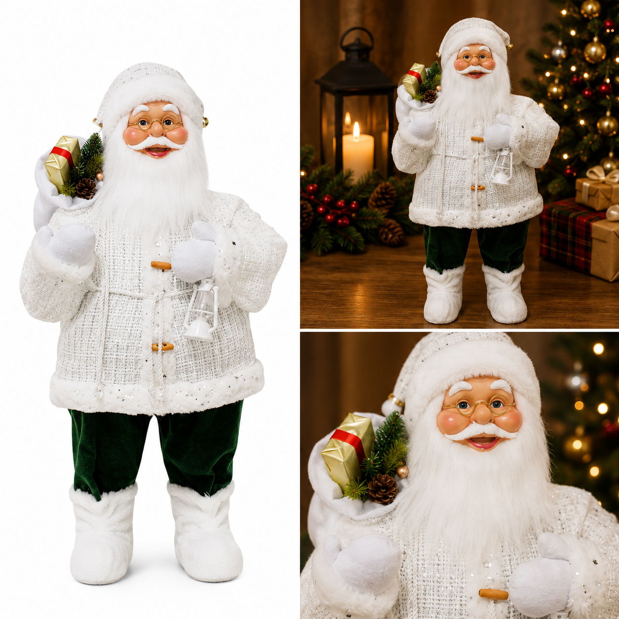 Santa en Traje de Hilo Blanco con Regalos y Linterna - Galerías el Triunfo