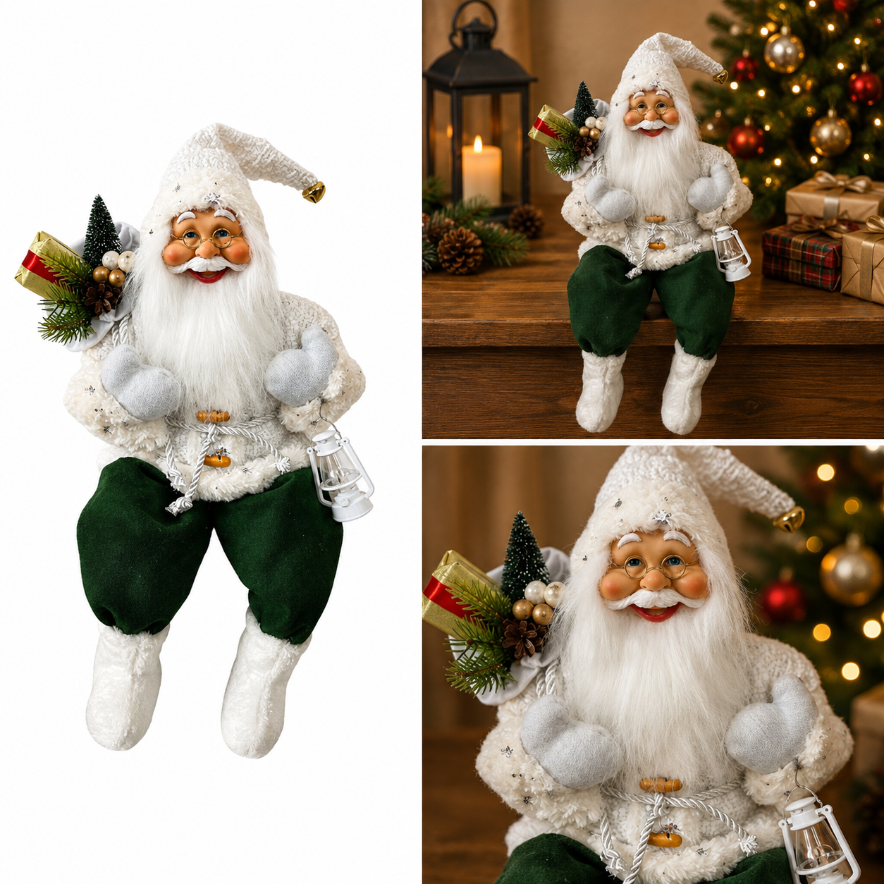 Santa Sentado con Traje de Hilo Blanco con Regalos y Linterna - Galerías el Triunfo
