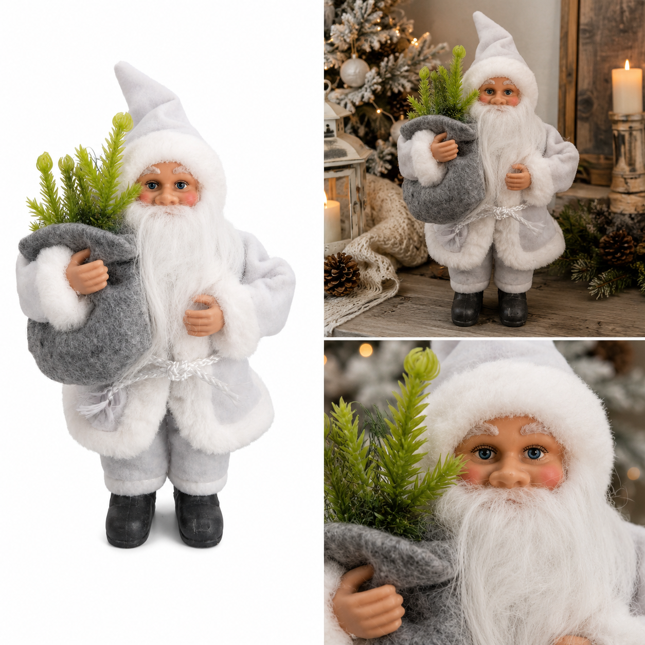 Santa Claus con Traje Gris y Regalo Plateado - Galerías el Triunfo