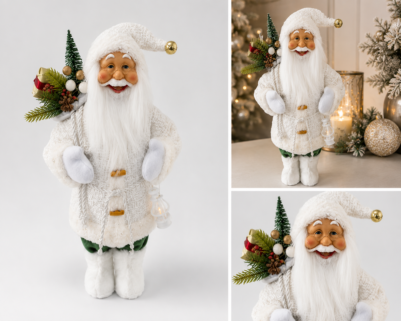 Santa en Traje de Hilo Blanco con Regalos y Linterna - Galerías el Triunfo