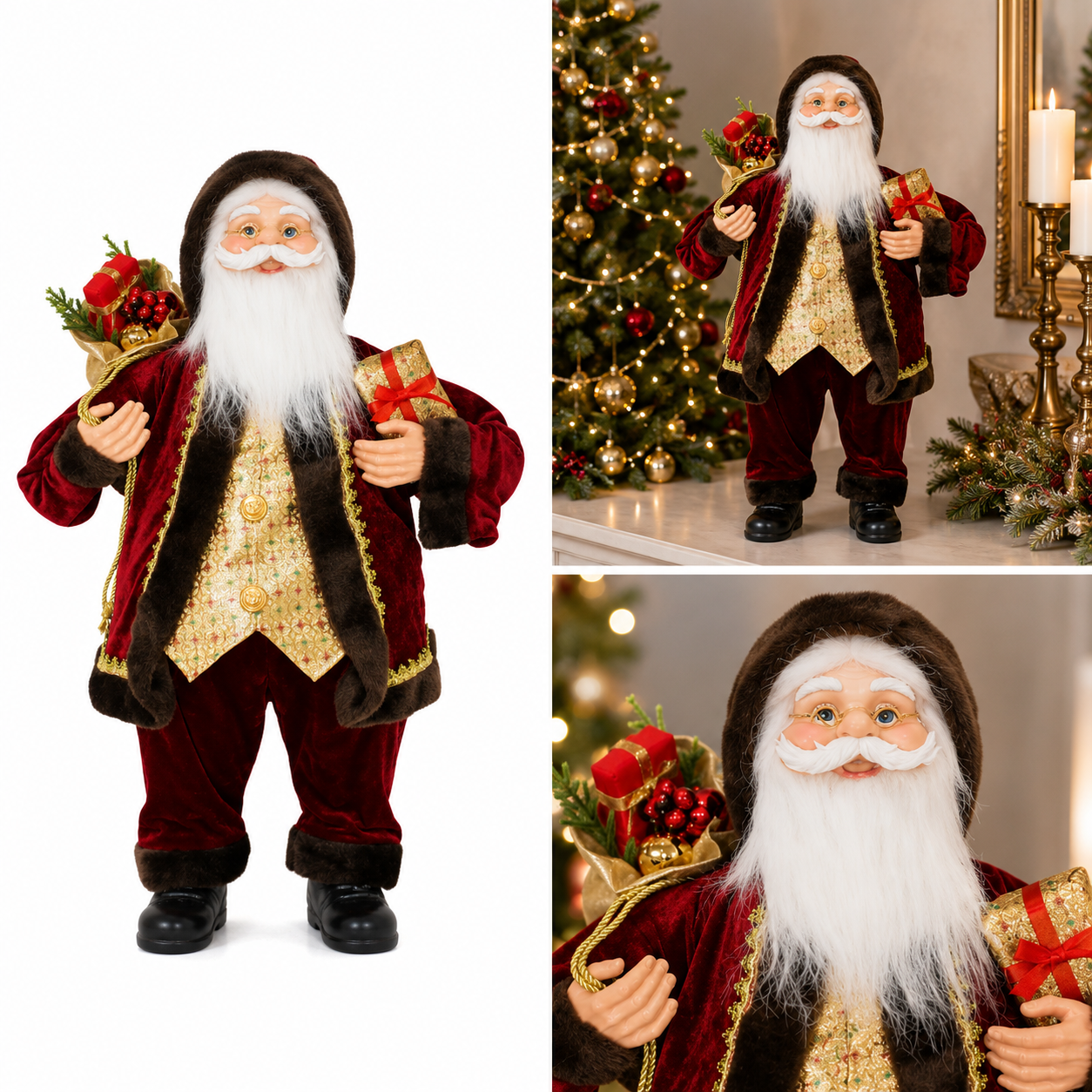 Santa con Traje de Terciopelo y Regalos - Galerías el Triunfo