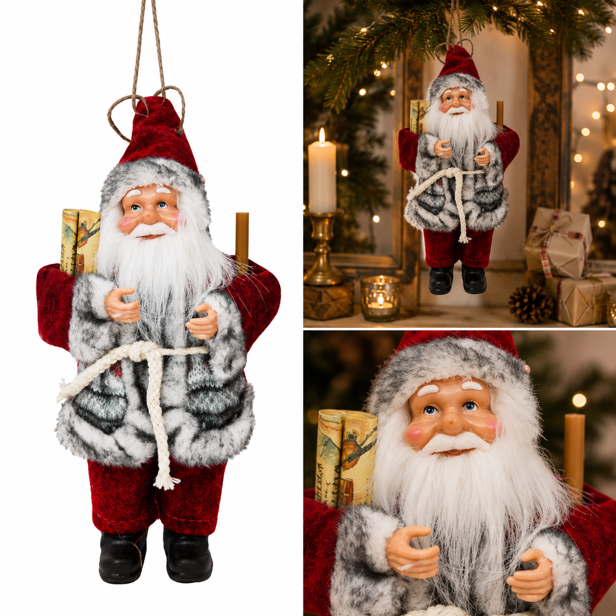 Santa Colgante con Traje de Peluche Jaspeado y Regalo - Galerías el Triunfo