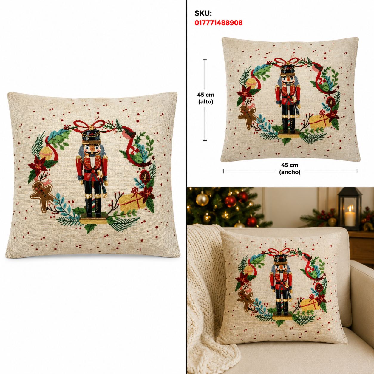 Funda para Cojín con Cascanueces en Guirnalda Navideña – Galerías el Triunfo