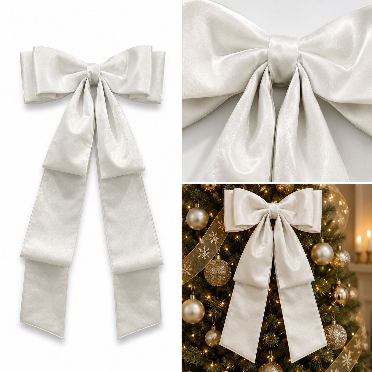 Moño Navideño Blanco con Listones Largos - Galerías el Triunfo