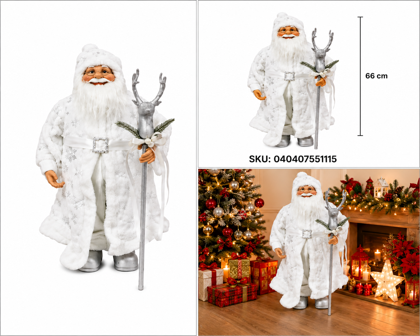 Santa con Traje Blanco y Bastón con Reno – Galerías el Triunfo