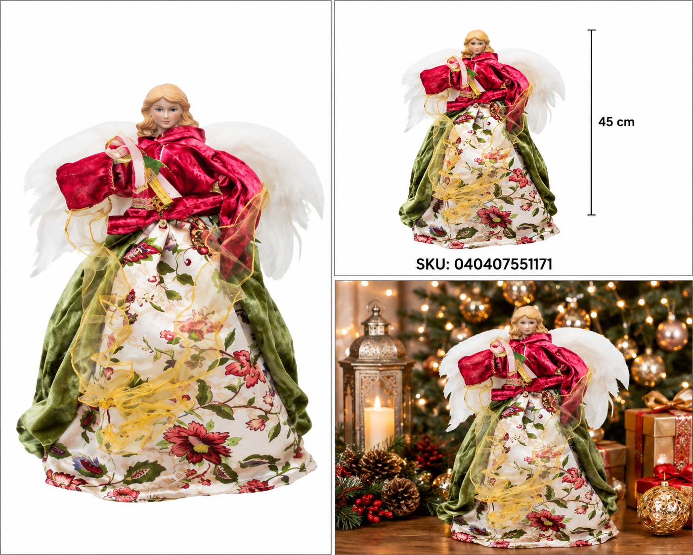 Ángel con Vestido Floral y Abrigo Magenta – Galerías el Triunfo