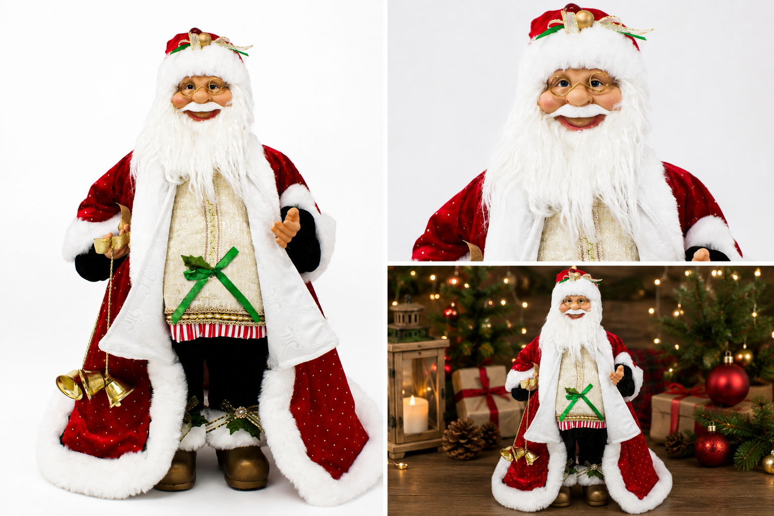 Santa con Abrigo y Campanas Doradas - Galerías el Triunfo