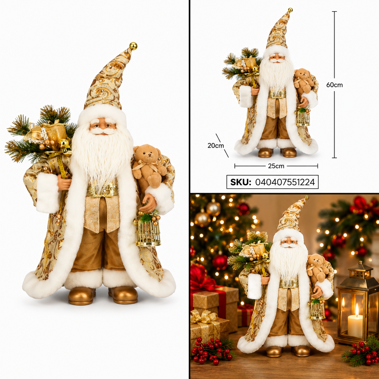 Santa de Traje Dorado con Regalos – Galerías el Triunfo