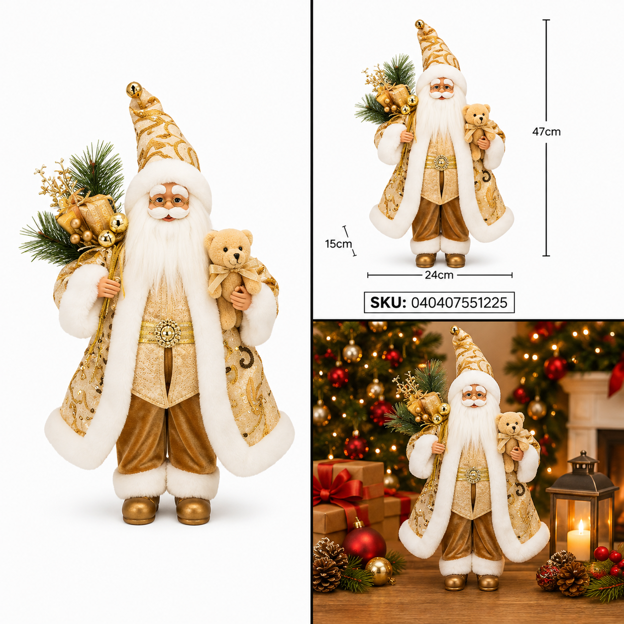 Santa de Traje Dorado con Regalos – Galerías el Triunfo
