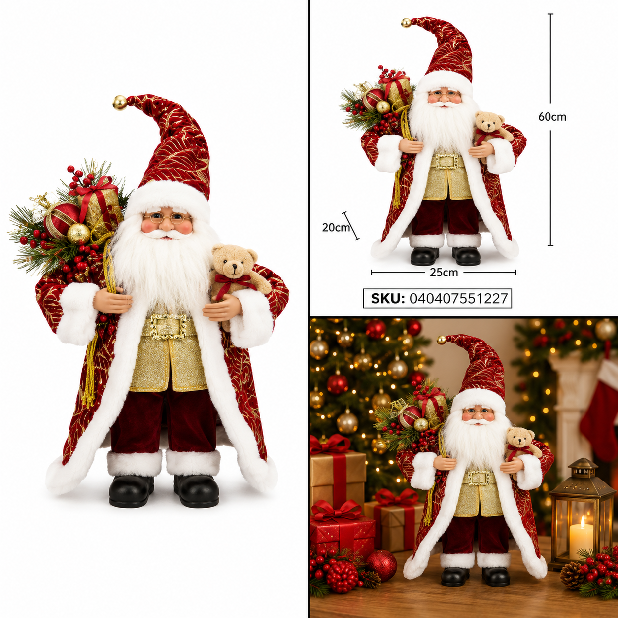 Santa de Traje Rojo y Dorado con Regalos y Osos – Galerías el Triunfo