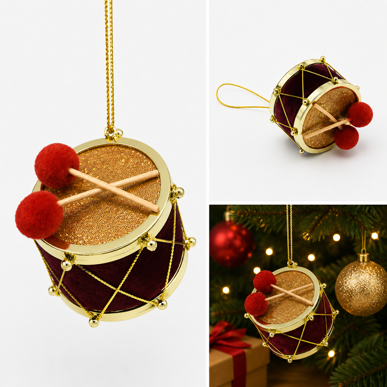 Colgante Navideño Tambor de Terciopelo con Baquetas - Galerías el Triunfo