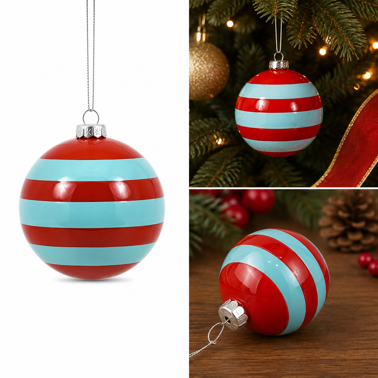 Esfera Navideña a Rayas Aqua Rojo Pop - Galerías el Triunfo