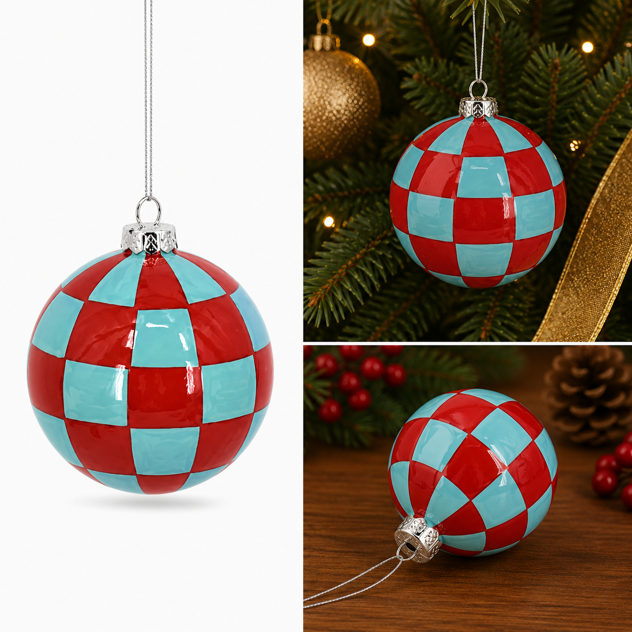 Esfera Navideña Ajedrez Aqua con Rojo Pop - Galerías el Triunfo