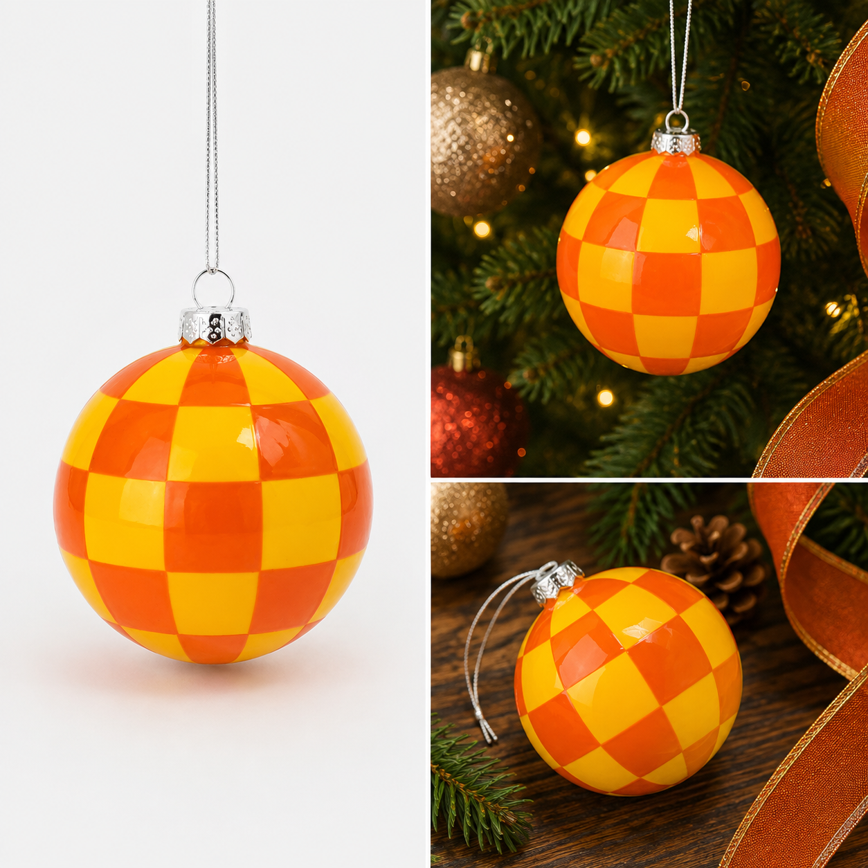 Esfera Navideña Ajedrez Amarillo con Naranja Pop - Galerías el Triunfo