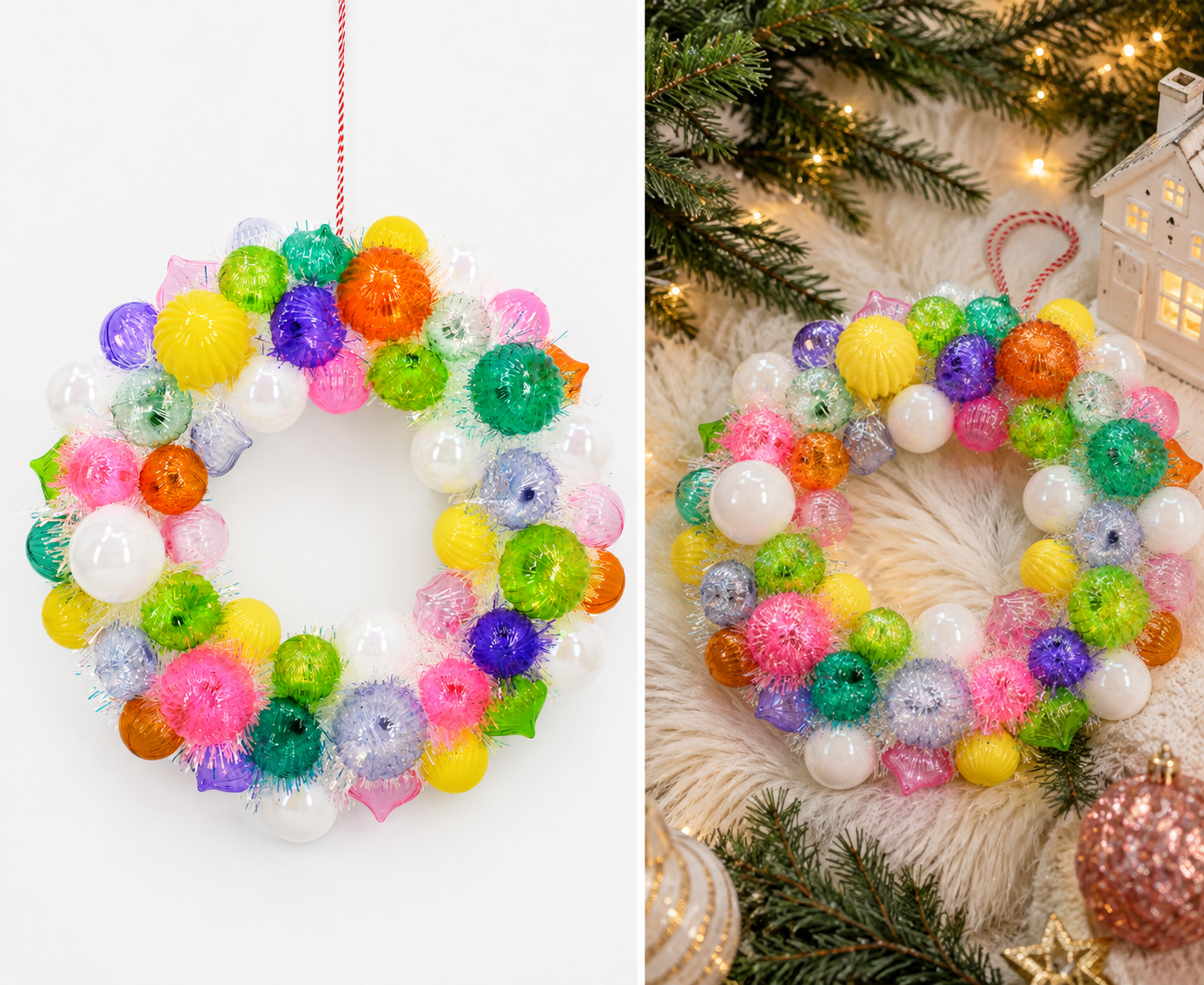 Corona Navideña de Escarcha con Esferas Multicolor - Galerías el Triunfo