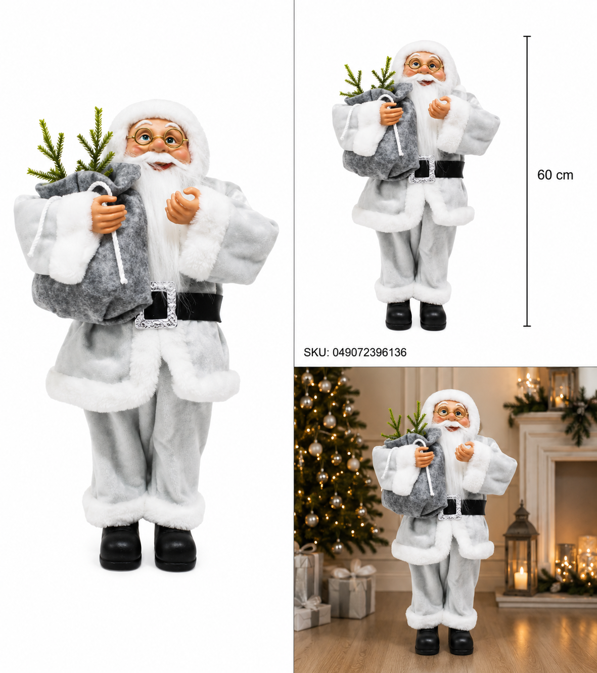 Santa Claus con Traje Gris y Saco con Ramas de Pino – Galerías el Triunfo