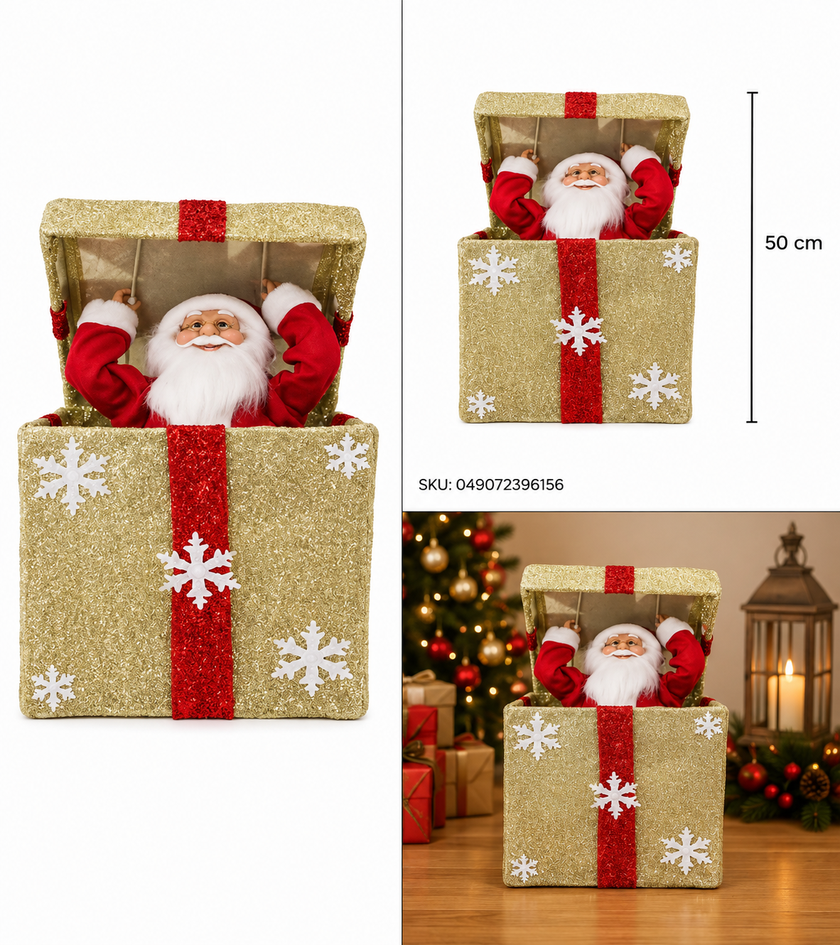 Santa en Caja de Regalo Sorpresa Dorada Musical – Galerías el Triunfo