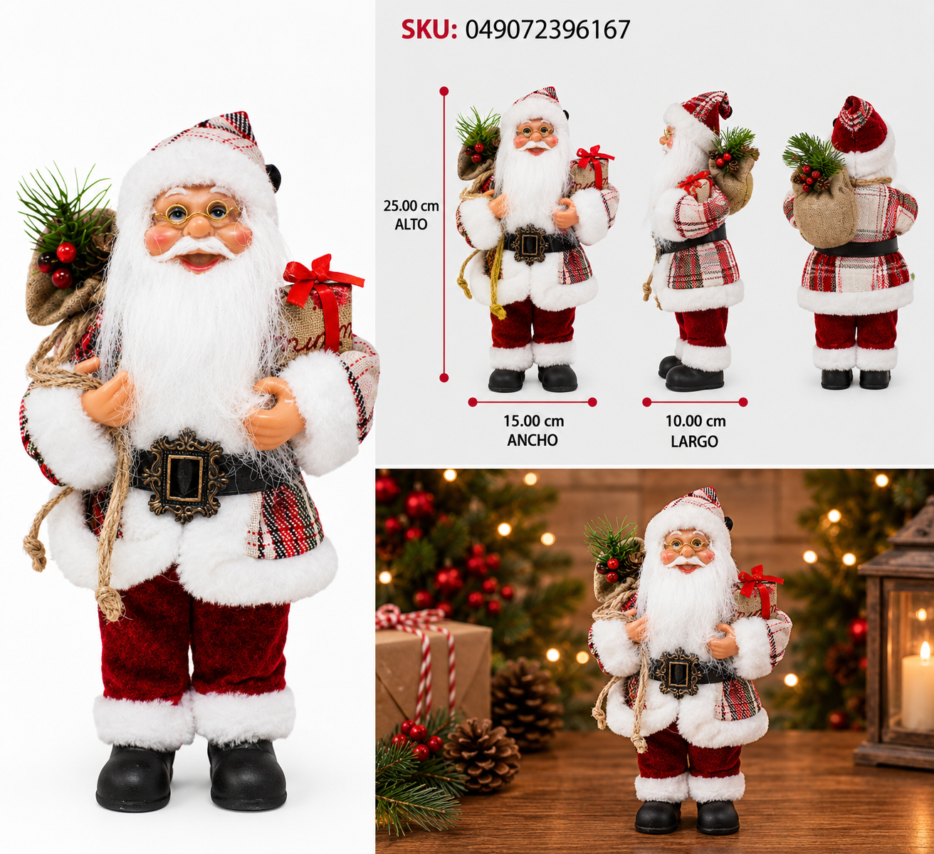 Santa Claus con Abrigo de Cuadros y Regalo Kraft - Galerías el Triunfo