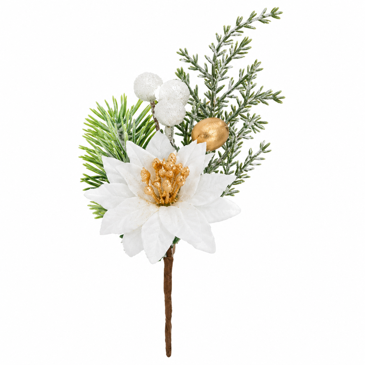 Pick de Flor Blanca con Follaje Escarchado – Galerías el Triunfo